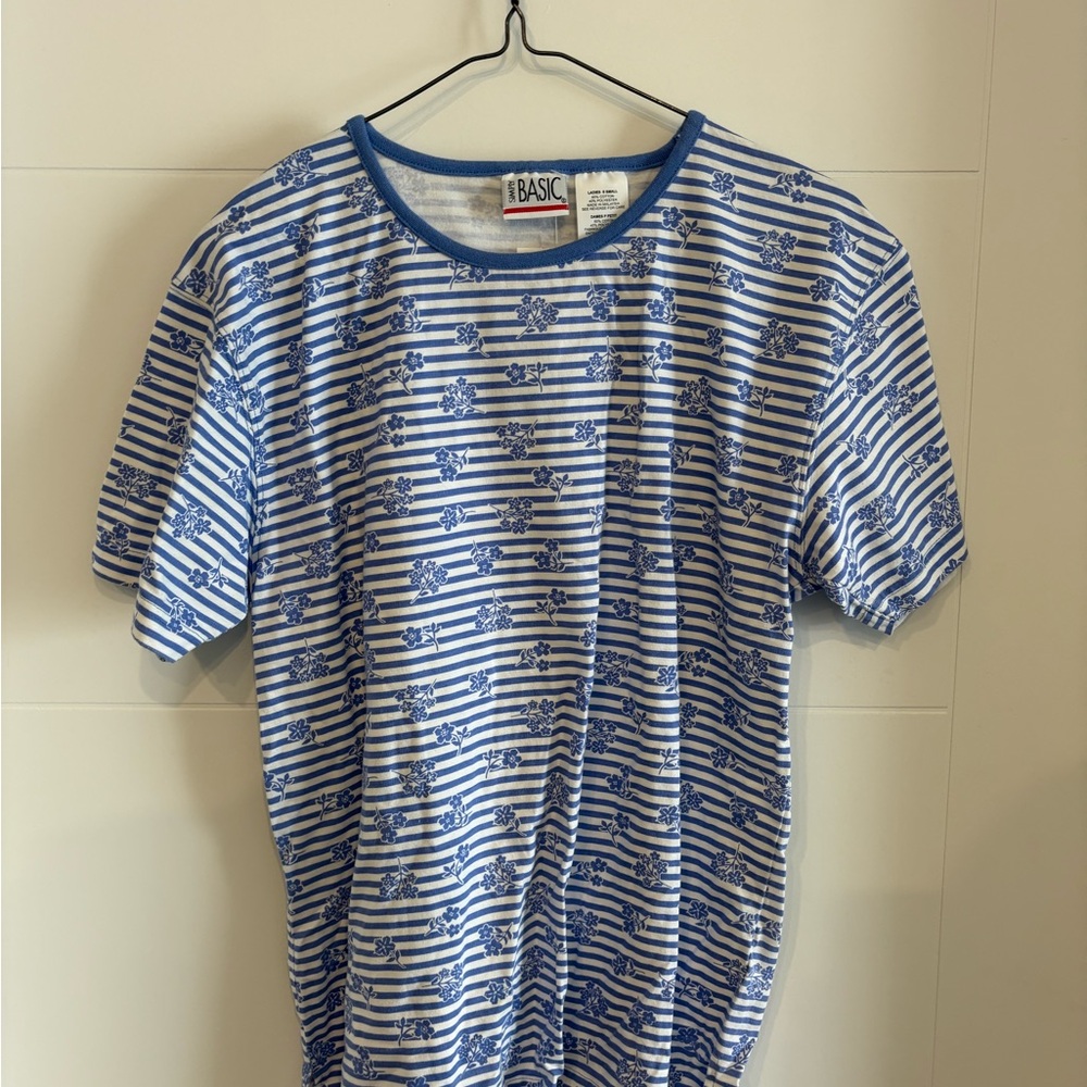 Gildan Blue and White Floral Striped Tee